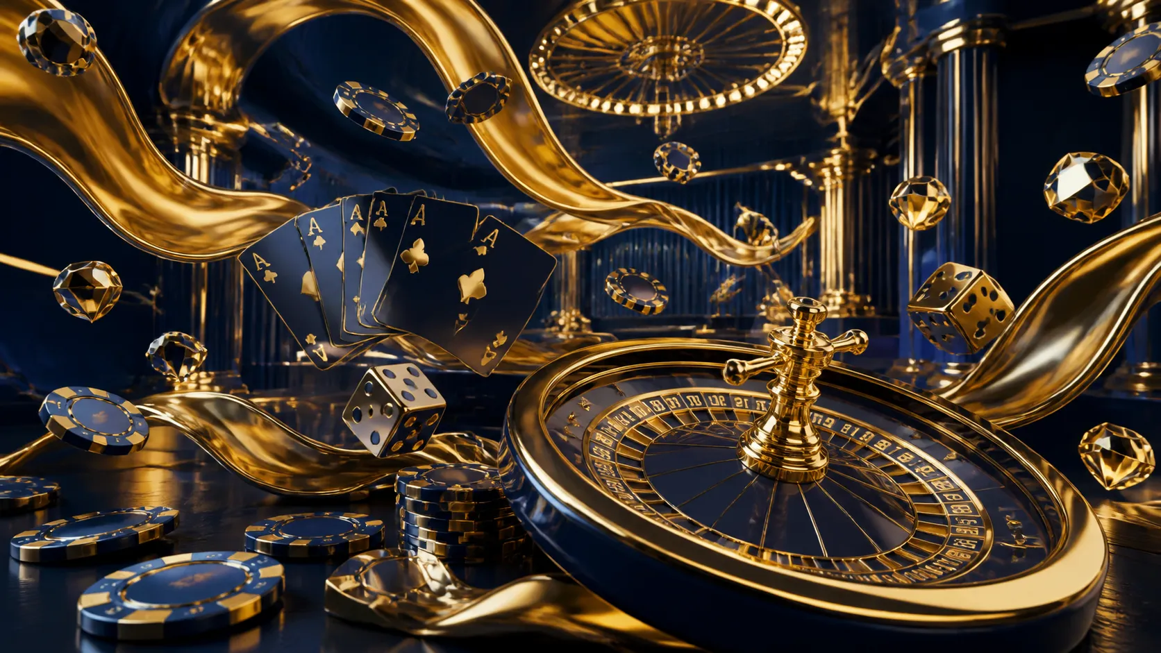 Luxurious casino hero banner featuring gold-accented poker chips and cards in a glossy isometric style, conveying opulence an